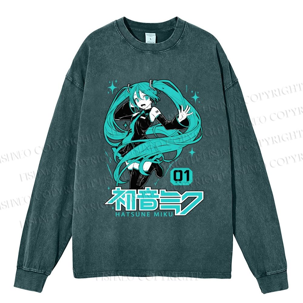 Unisex Casual Washed Hatsune Miku Printed Long Sleeve T-shirt