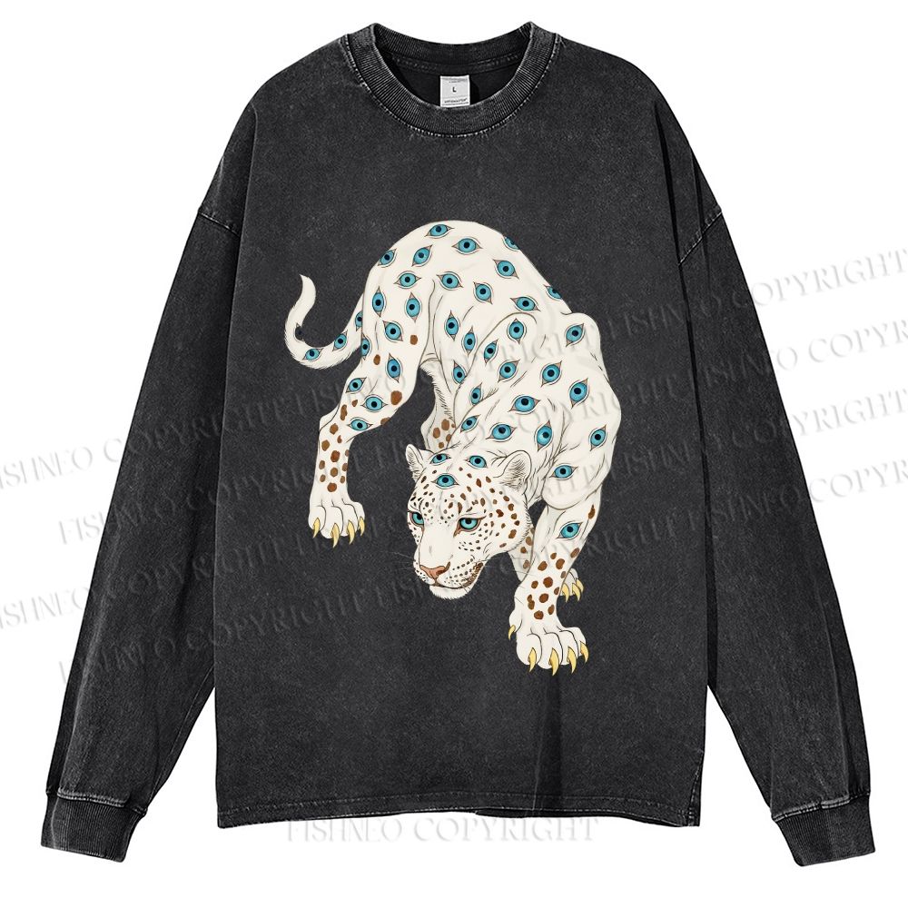 Unisex Casual Washed White Panther With Eyes Printed Long Sleeve T-shirt
