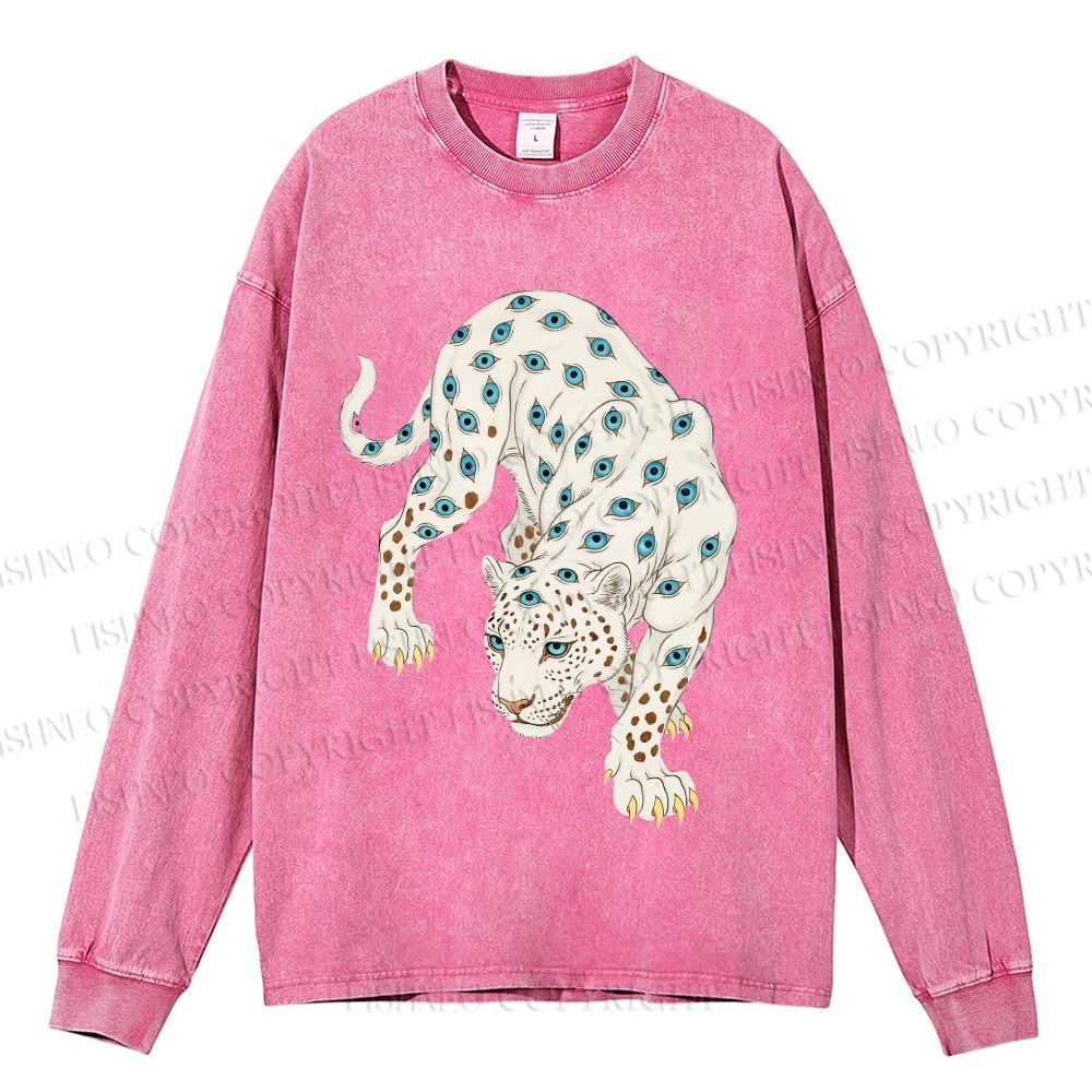 Unisex Casual Washed White Panther With Eyes Printed Long Sleeve T-shirt