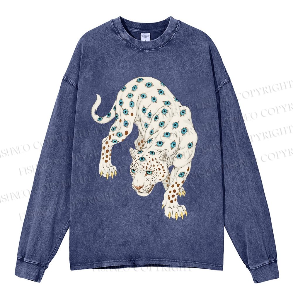 Unisex Casual Washed White Panther With Eyes Printed Long Sleeve T-shirt