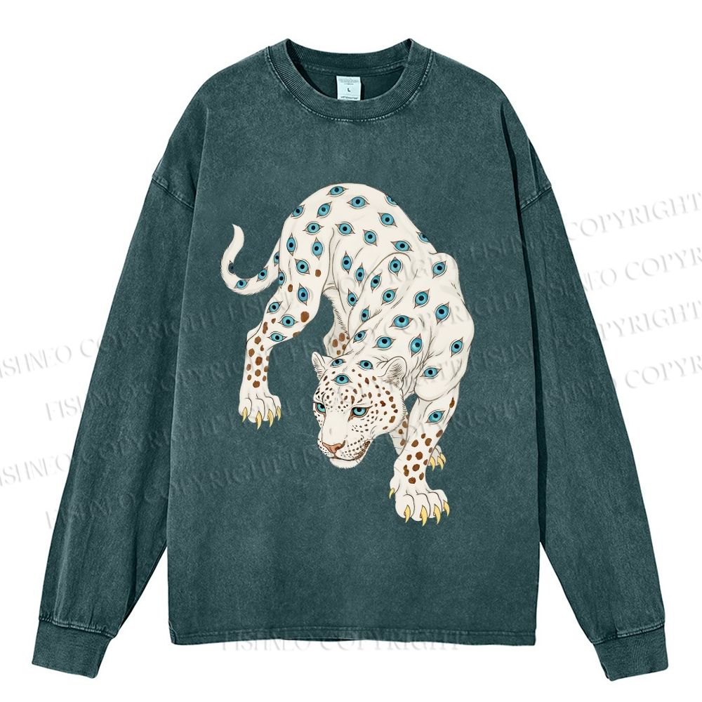 Unisex Casual Washed White Panther With Eyes Printed Long Sleeve T-shirt