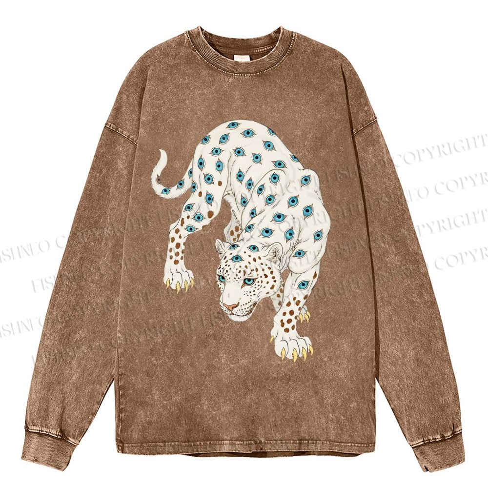 Unisex Casual Washed White Panther With Eyes Printed Long Sleeve T-shirt