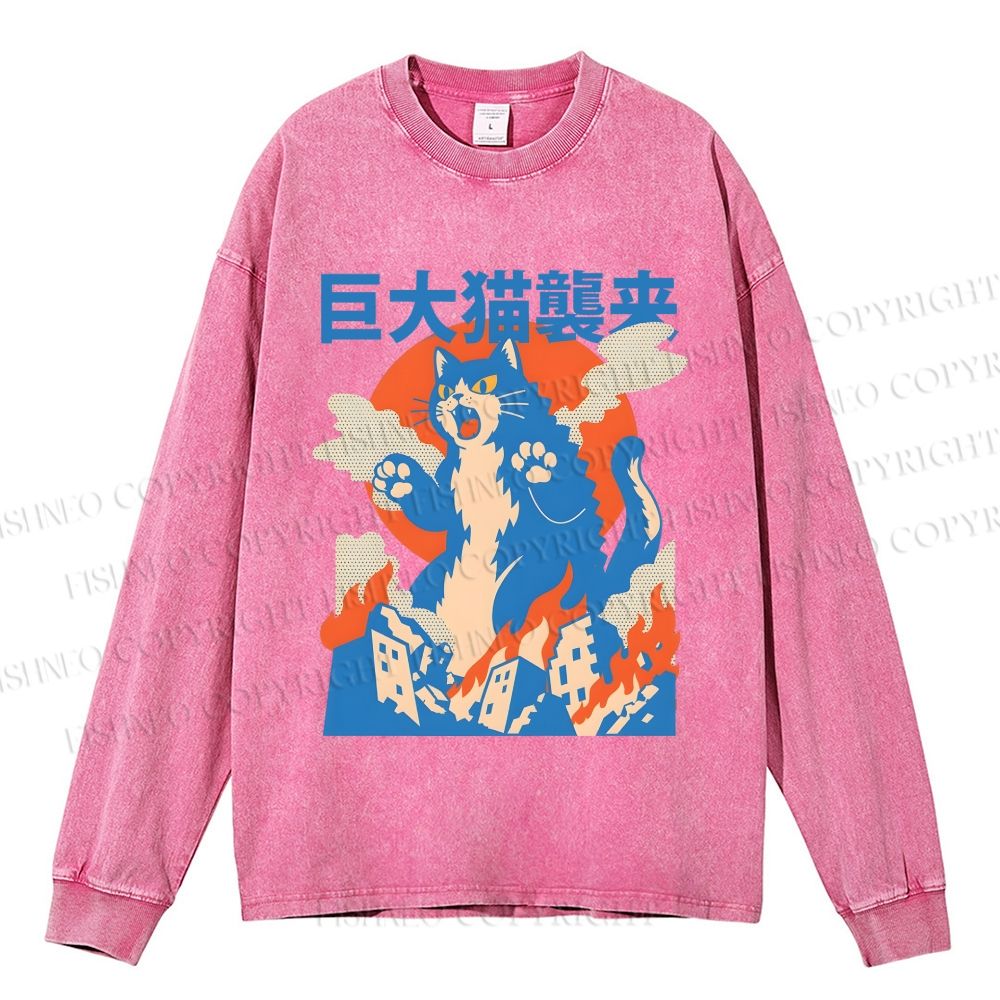 Unisex Casual Washed Giant Cat Monster Attack Printed Long Sleeve T-shirt