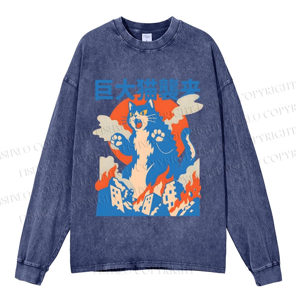 Unisex Casual Washed Giant Cat Monster Attack Printed Long Sleeve T-shirt