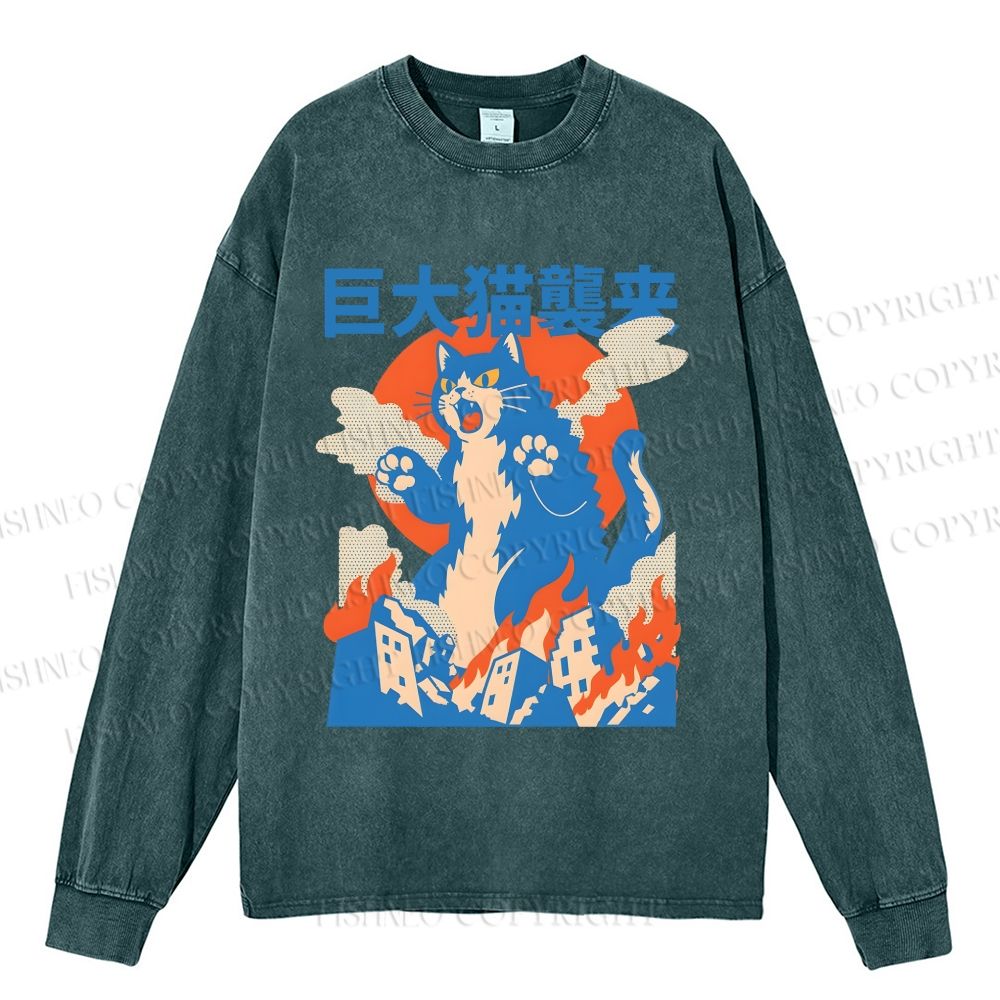Unisex Casual Washed Giant Cat Monster Attack Printed Long Sleeve T-shirt