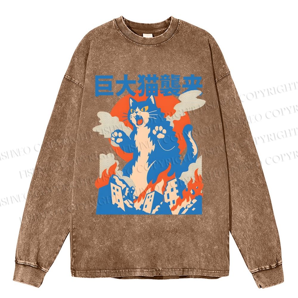 Unisex Casual Washed Giant Cat Monster Attack Printed Long Sleeve T-shirt