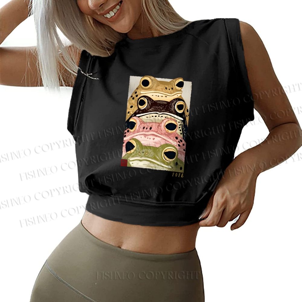 Whimsical Multi Colored Frog Art Sleeveless Crop Tops
