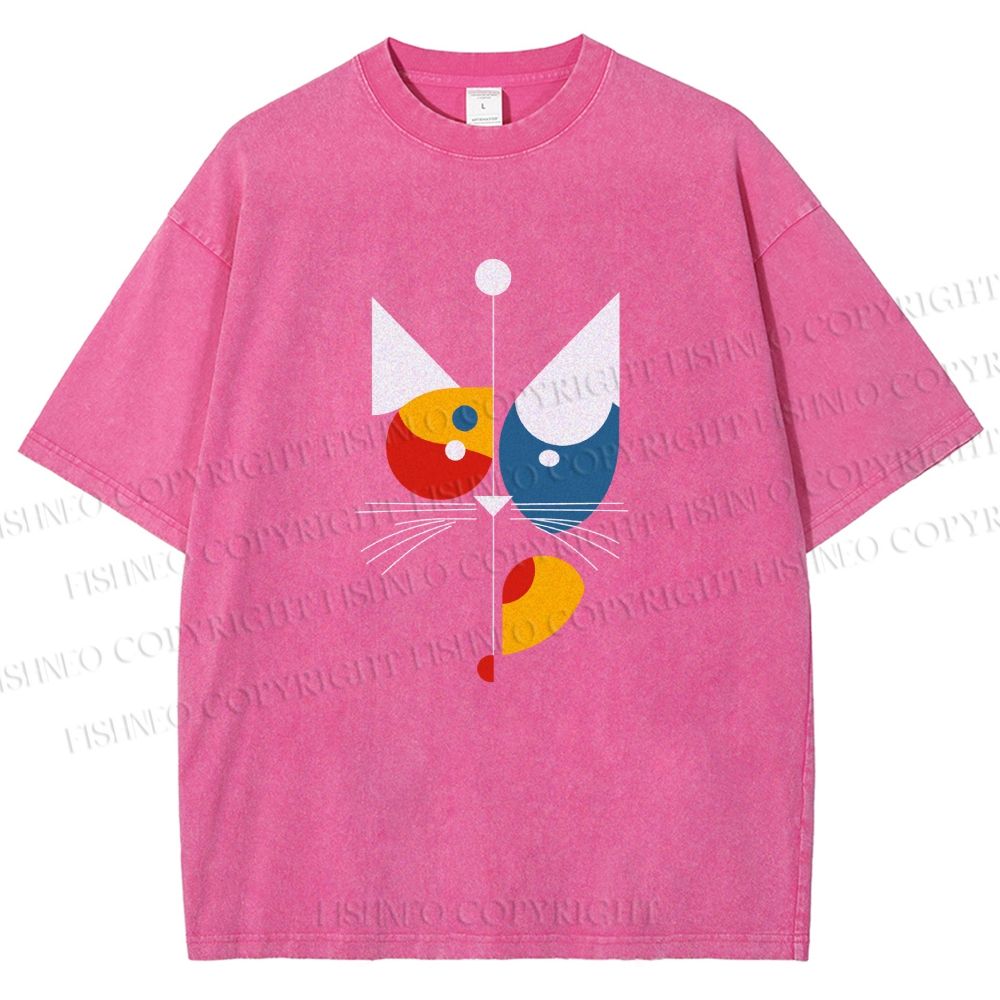 Unisex Bauhaus Geometric Cat Printed Washed Tee