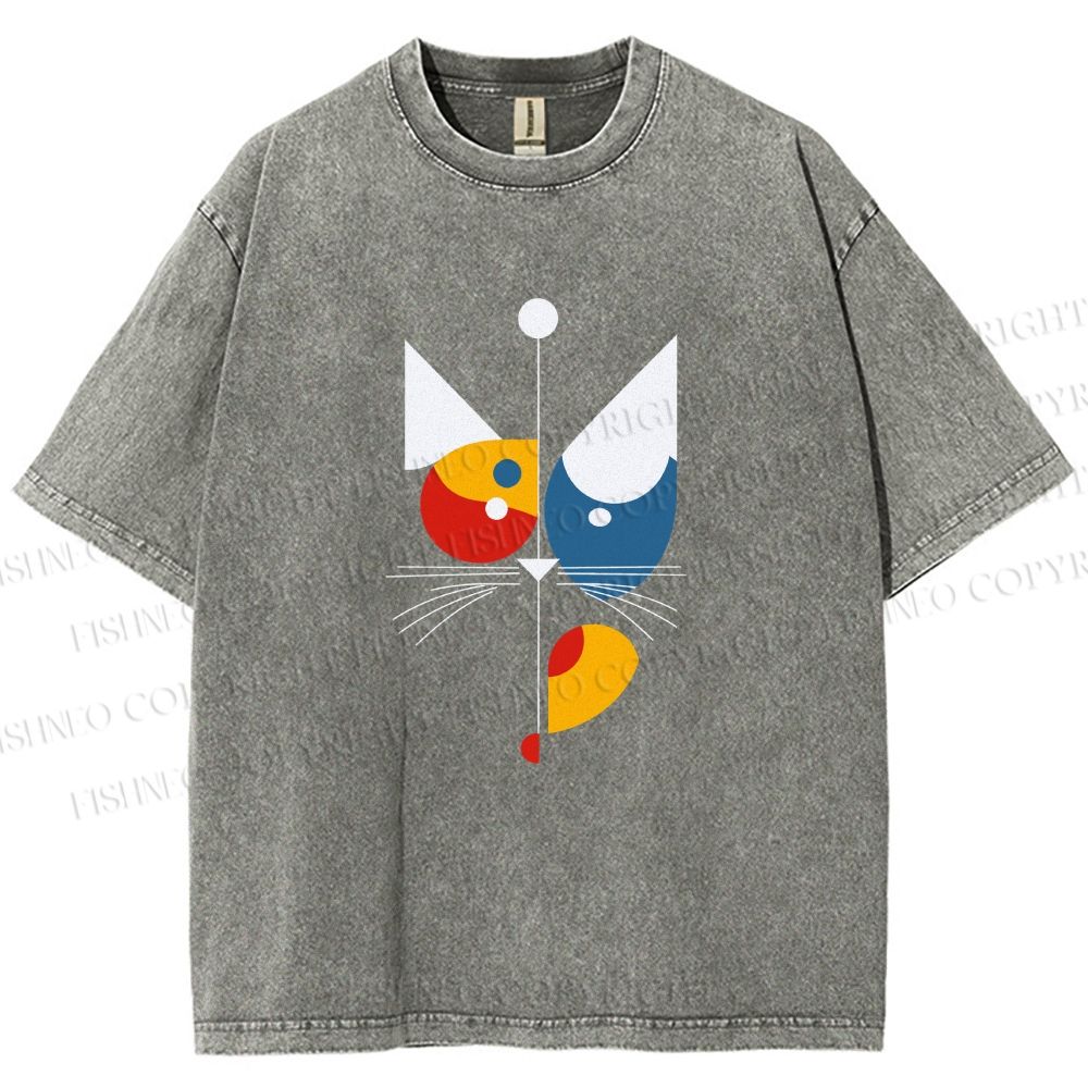 Unisex Bauhaus Geometric Cat Printed Washed Tee