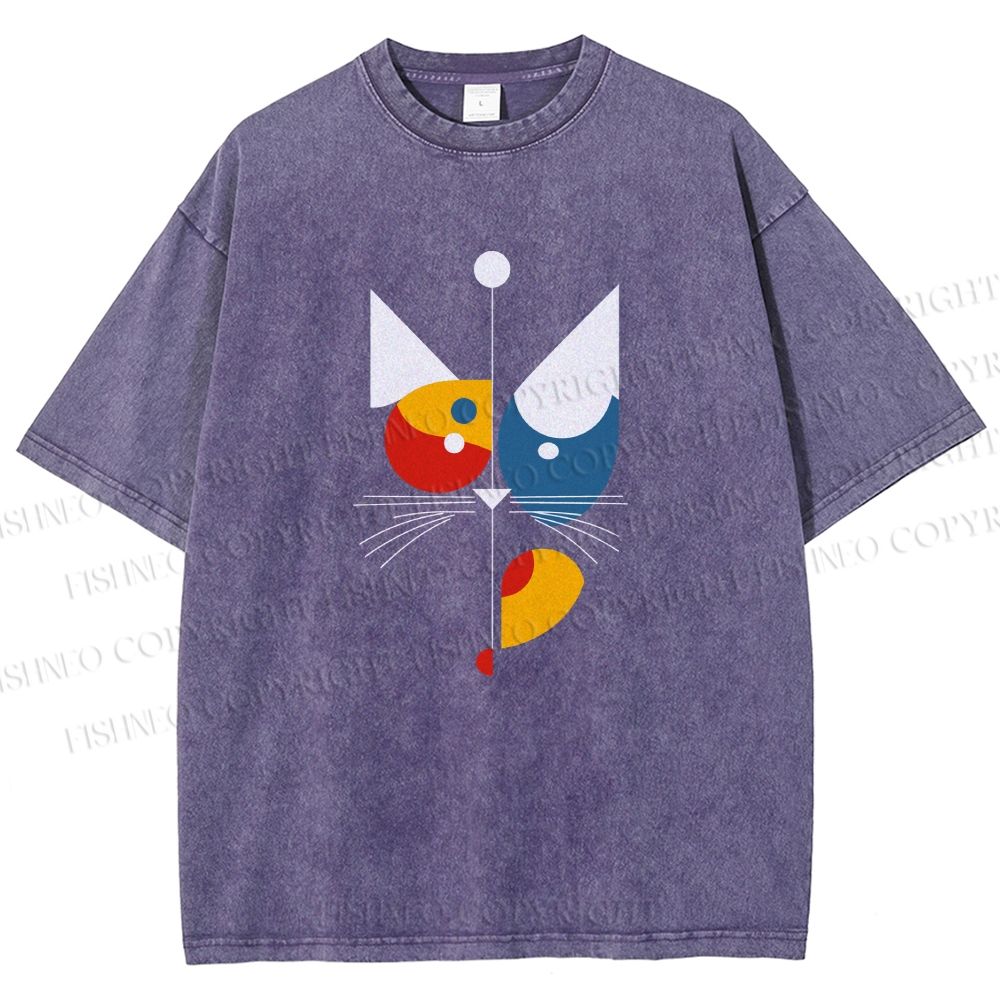Unisex Bauhaus Geometric Cat Printed Washed Tee