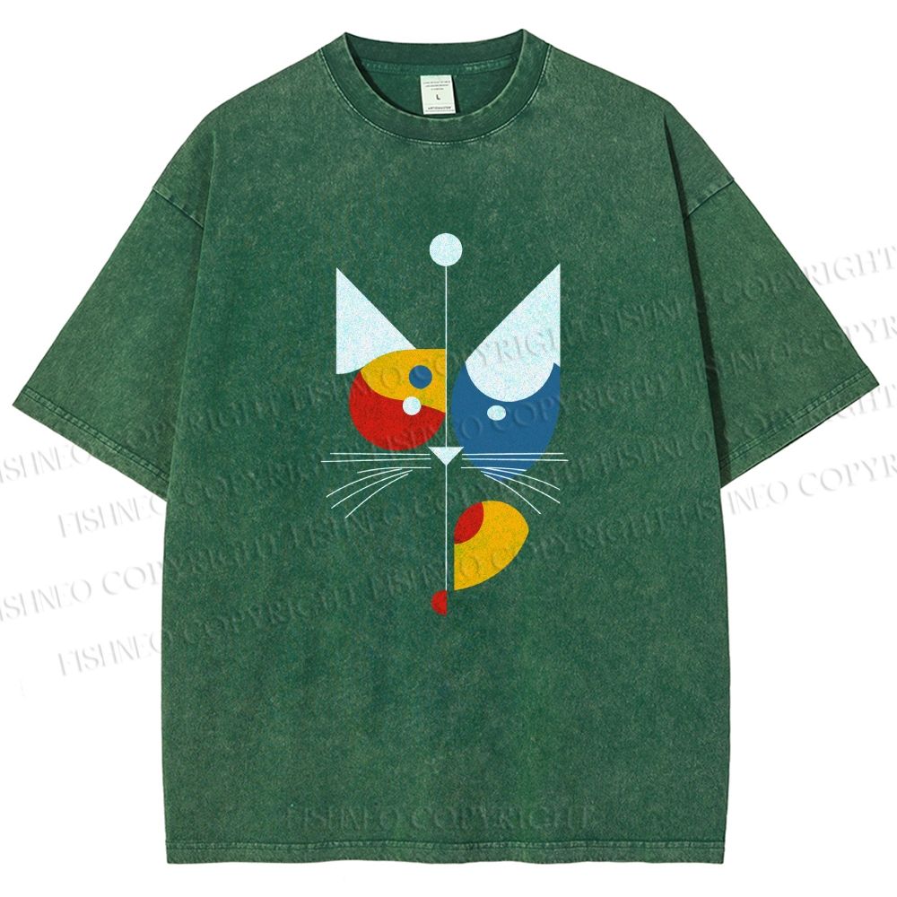 Unisex Bauhaus Geometric Cat Printed Washed Tee