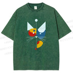 Unisex Bauhaus Geometric Cat Printed Washed Tee
