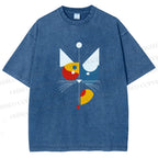 Unisex Bauhaus Geometric Cat Printed Washed Tee