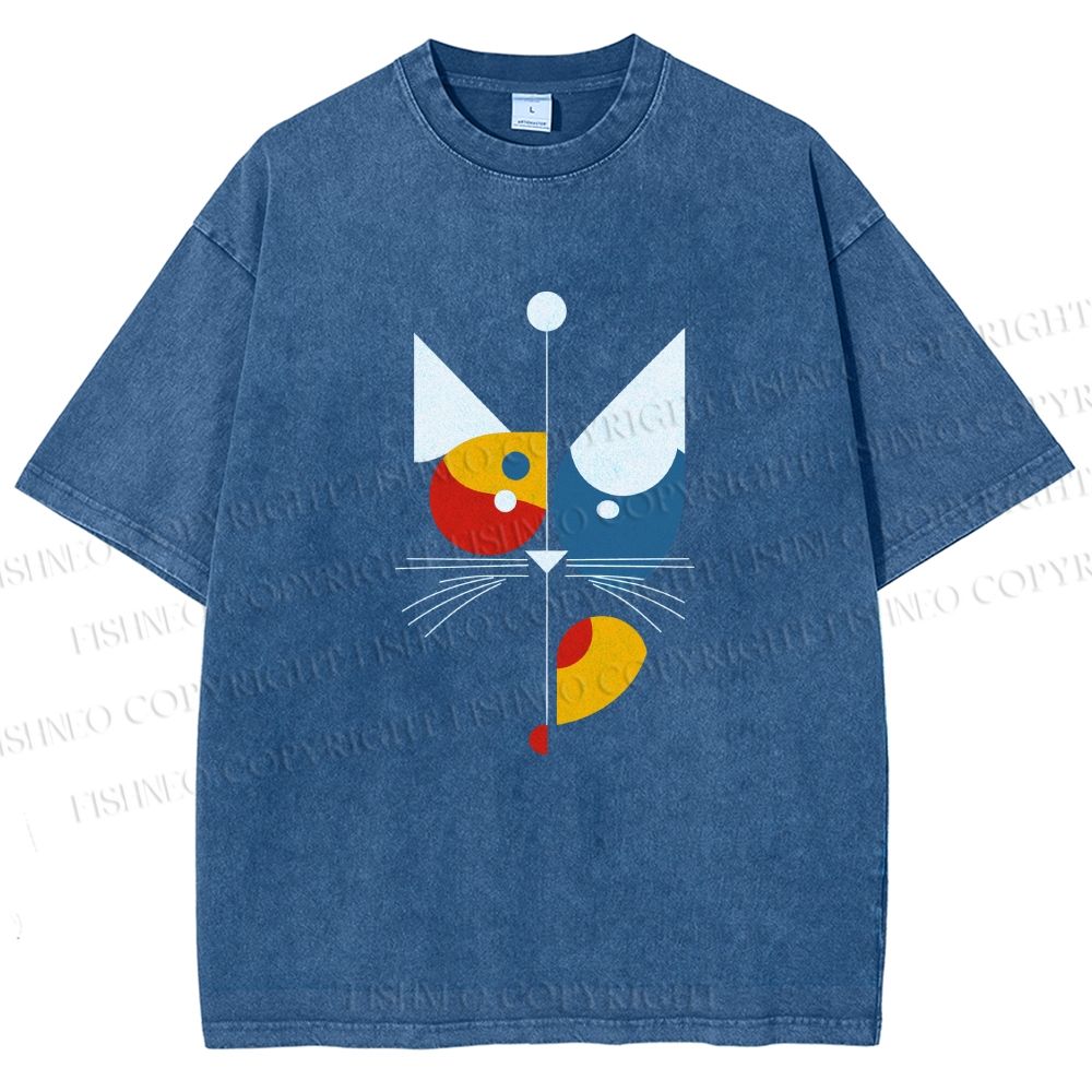 Unisex Bauhaus Geometric Cat Printed Washed Tee