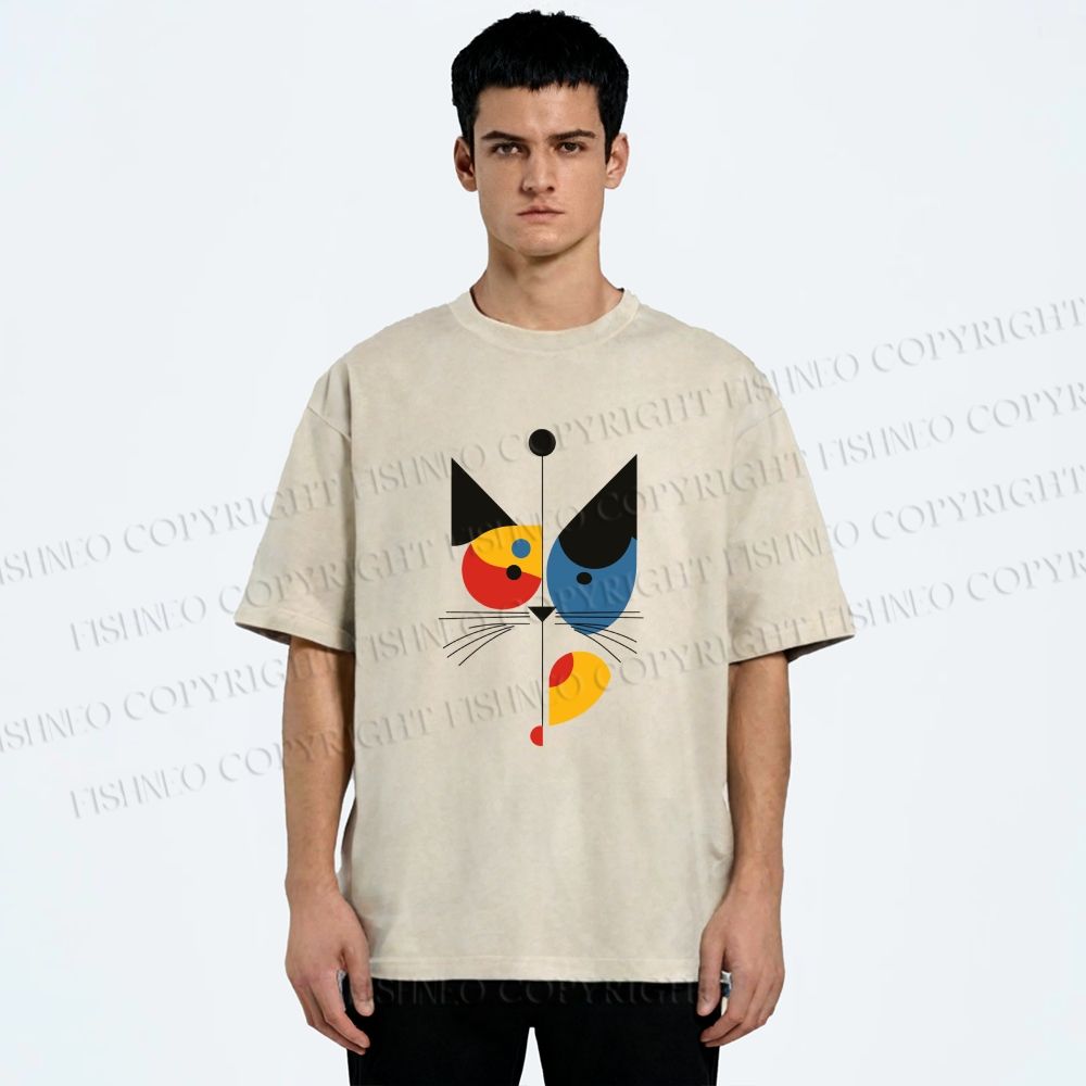 Unisex Bauhaus Geometric Cat Printed Washed Tee