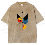 Unisex Bauhaus Geometric Cat Printed Washed Tee