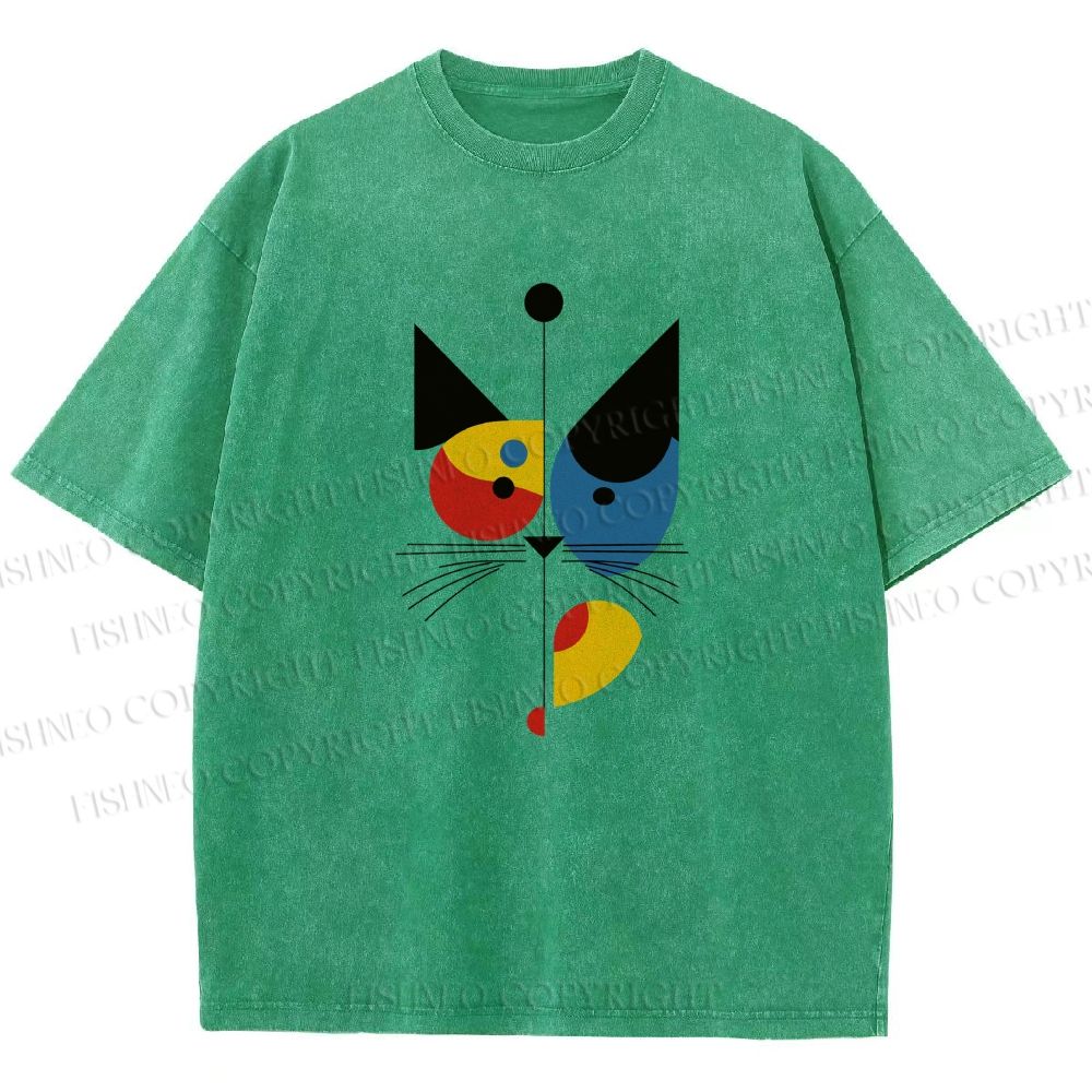 Unisex Bauhaus Geometric Cat Printed Washed Tee