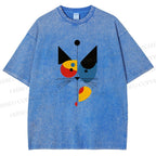 Unisex Bauhaus Geometric Cat Printed Washed Tee