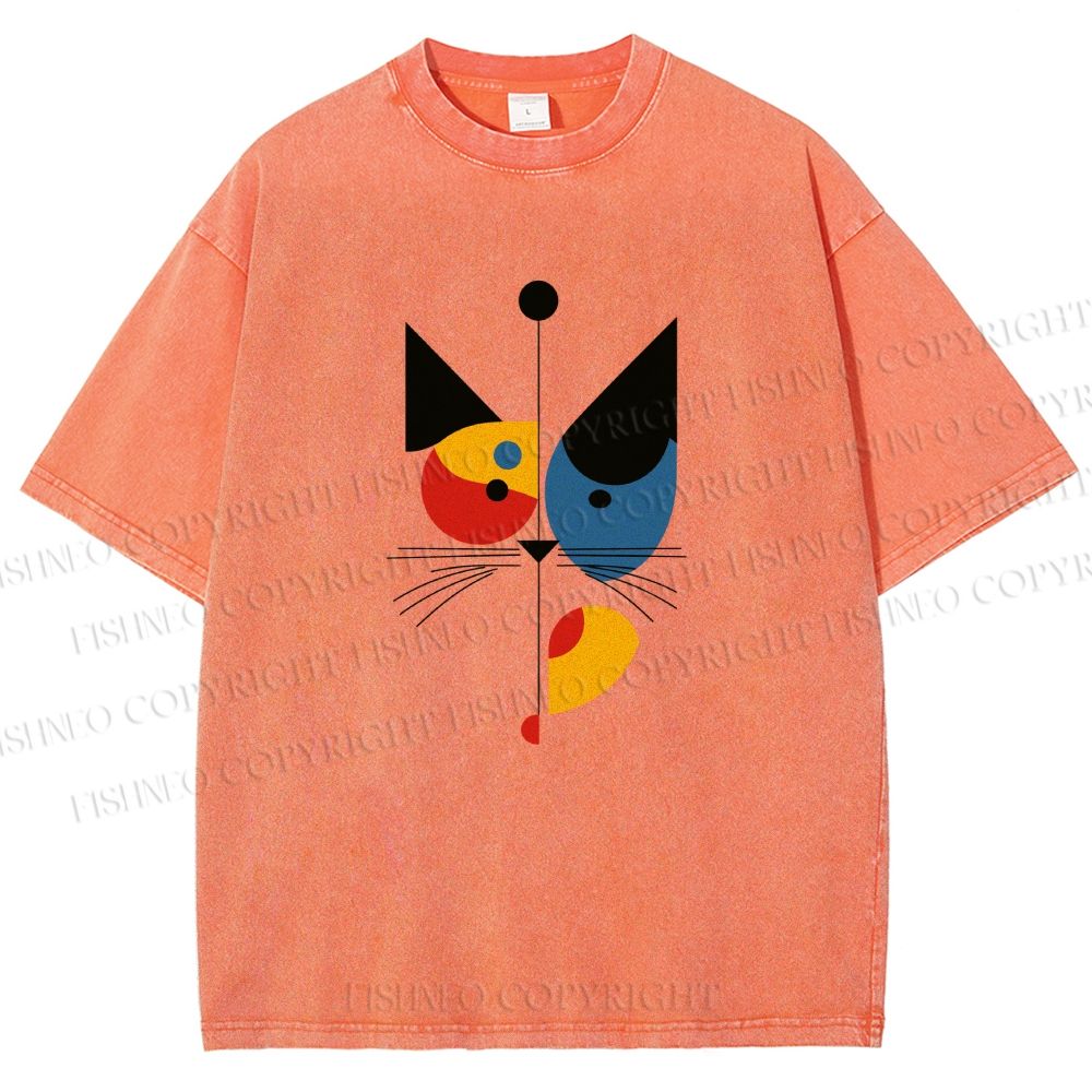 Unisex Bauhaus Geometric Cat Printed Washed Tee