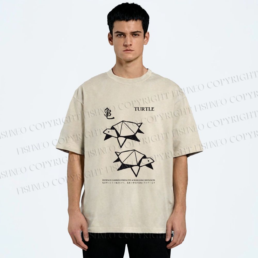 Unisex Origami Turtle Japanese Art Printed Washed Tee