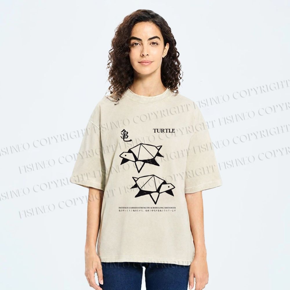 Unisex Origami Turtle Japanese Art Printed Washed Tee