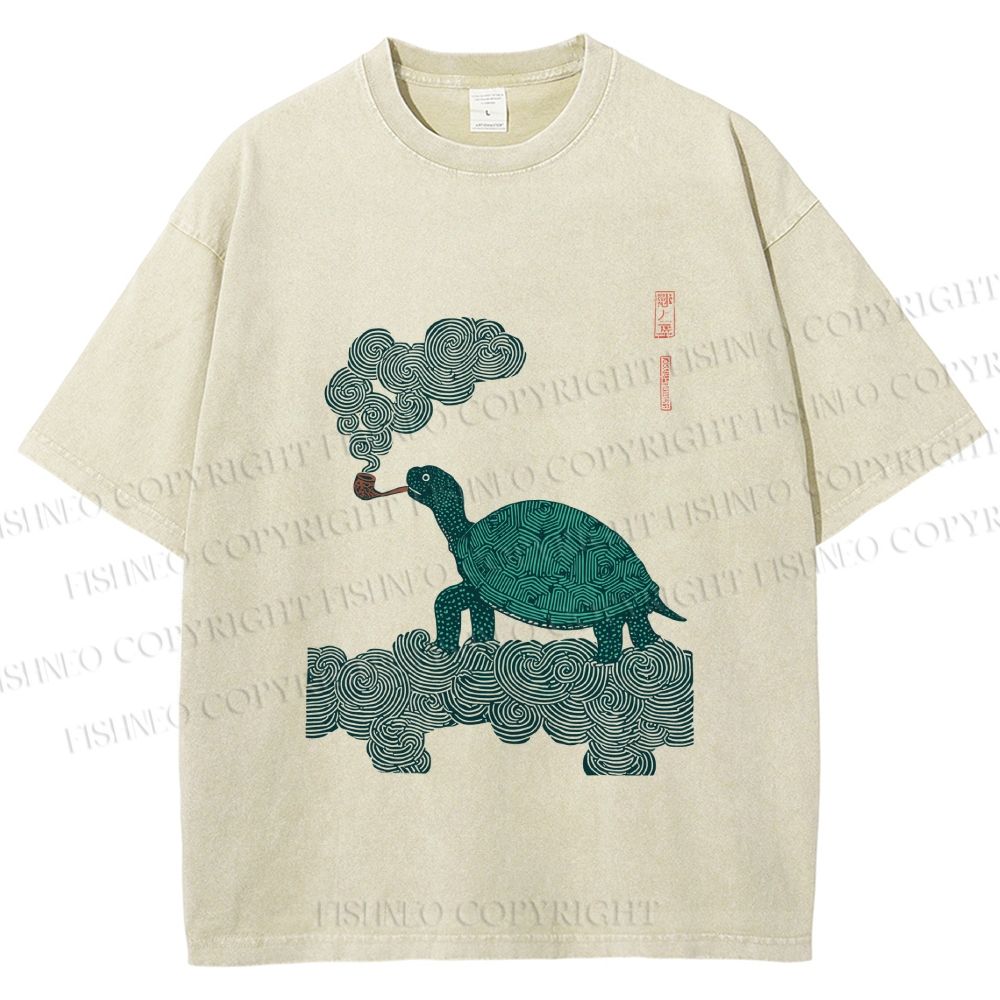 Unisex Vintage Japanese Smoke Turtle Printed Washed Tee