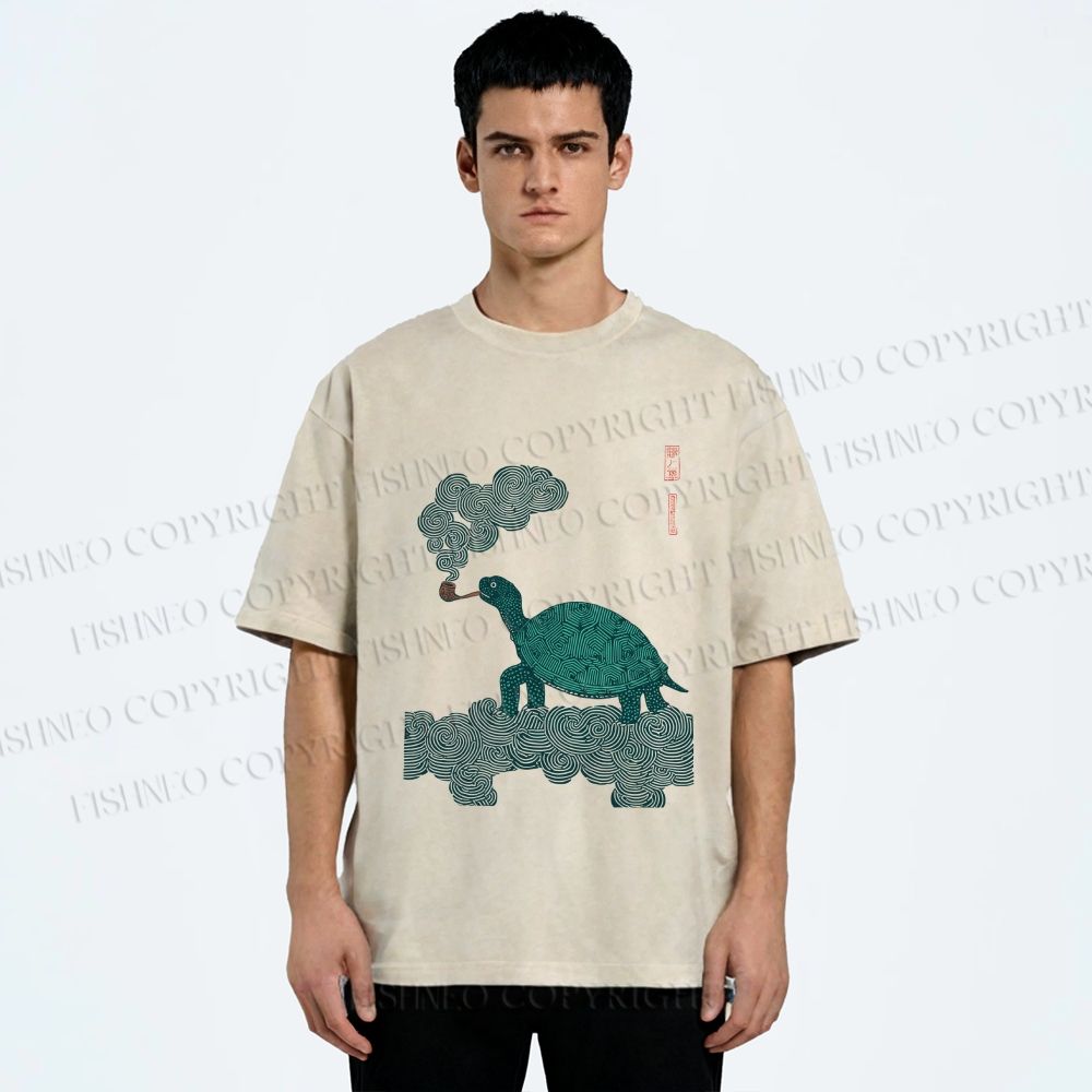 Unisex Vintage Japanese Smoke Turtle Printed Washed Tee