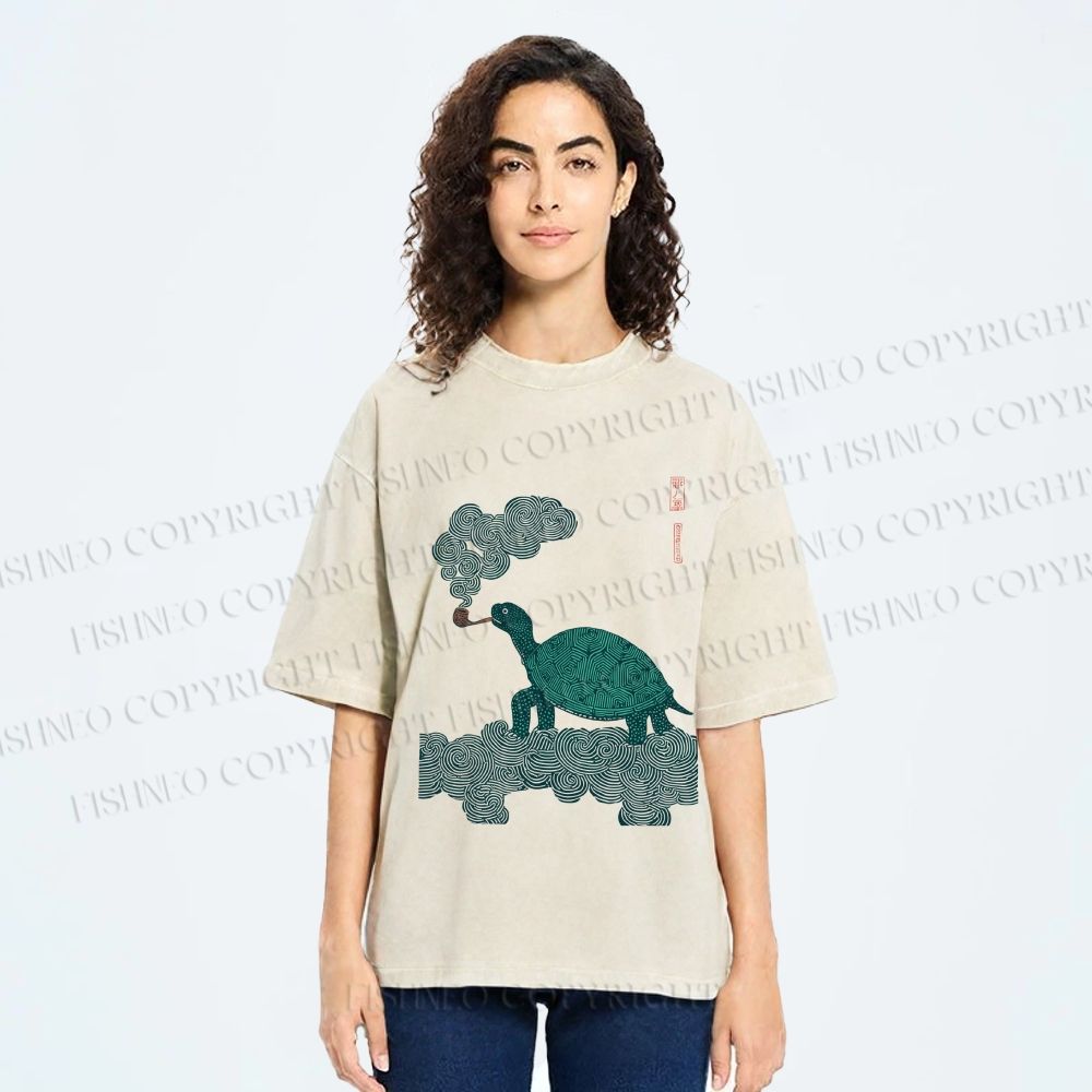 Unisex Vintage Japanese Smoke Turtle Printed Washed Tee