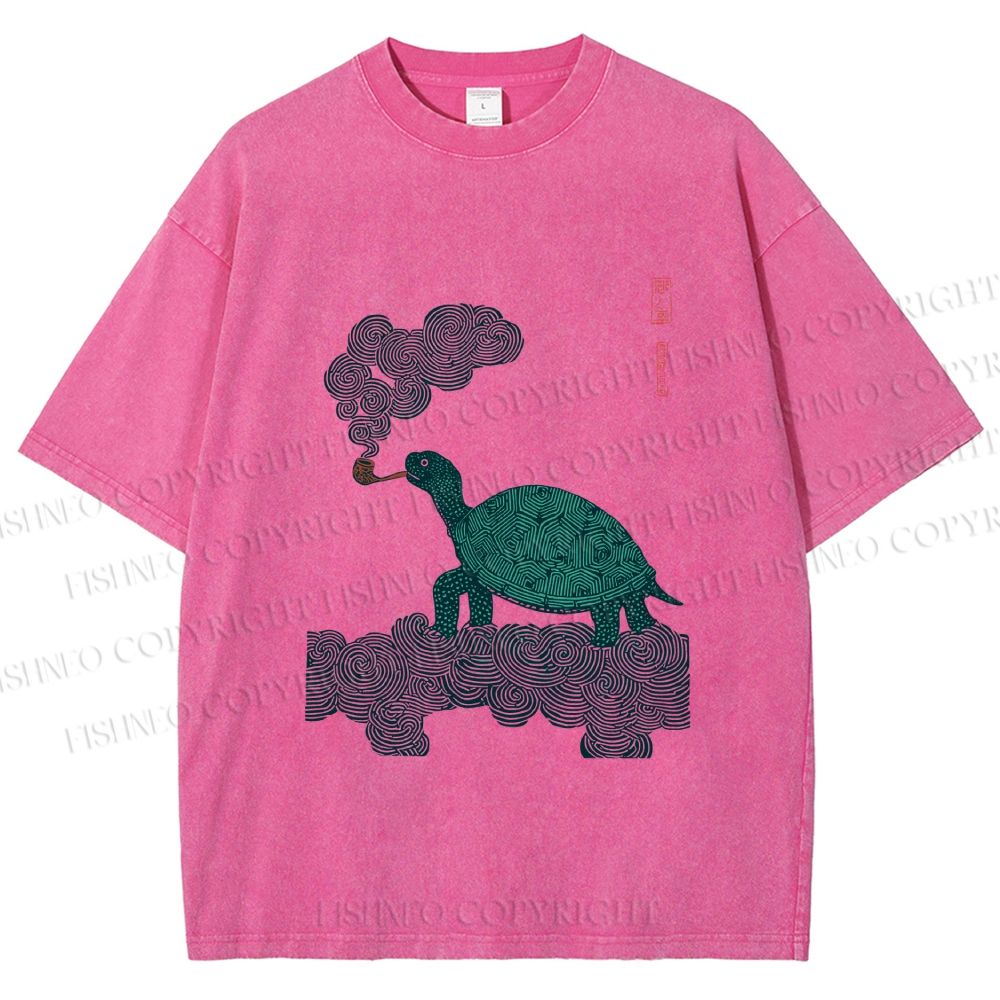 Unisex Vintage Japanese Smoke Turtle Printed Washed Tee