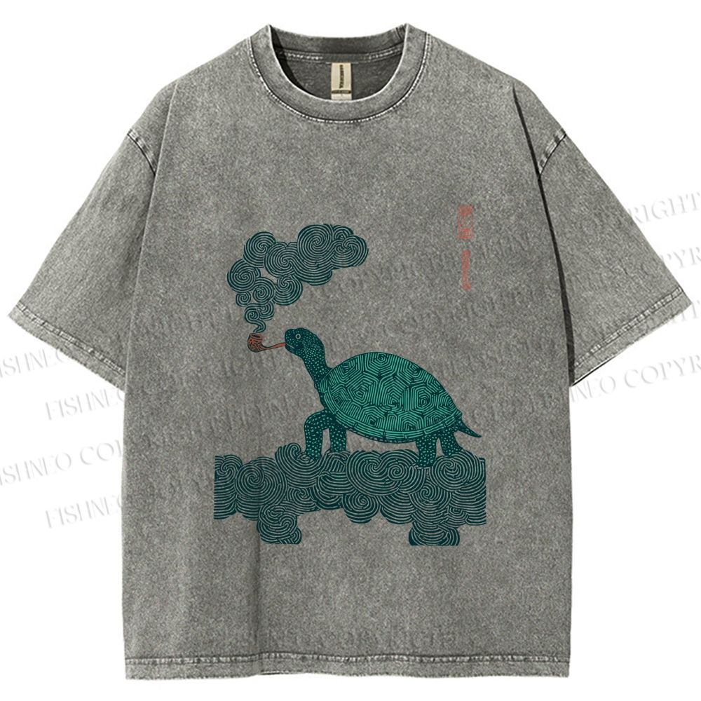 Unisex Vintage Japanese Smoke Turtle Printed Washed Tee