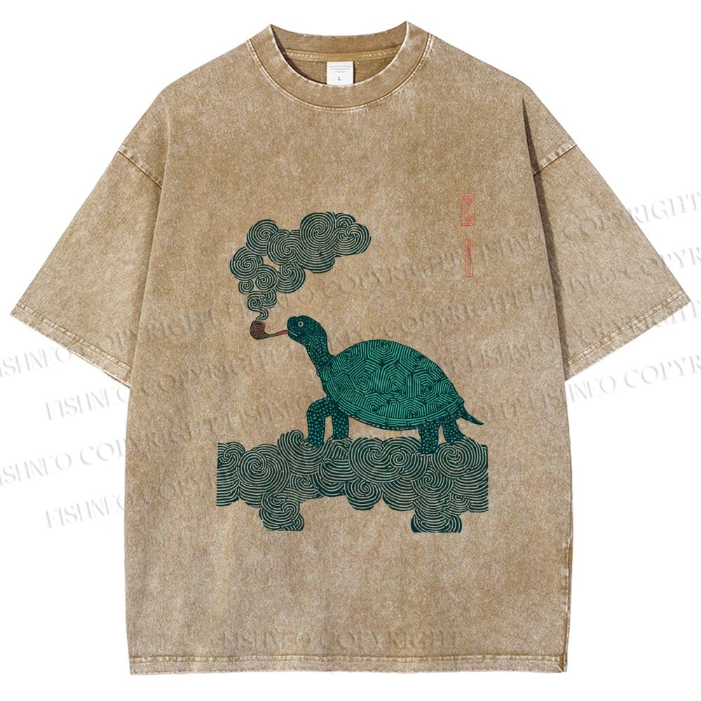 Unisex Vintage Japanese Smoke Turtle Printed Washed Tee