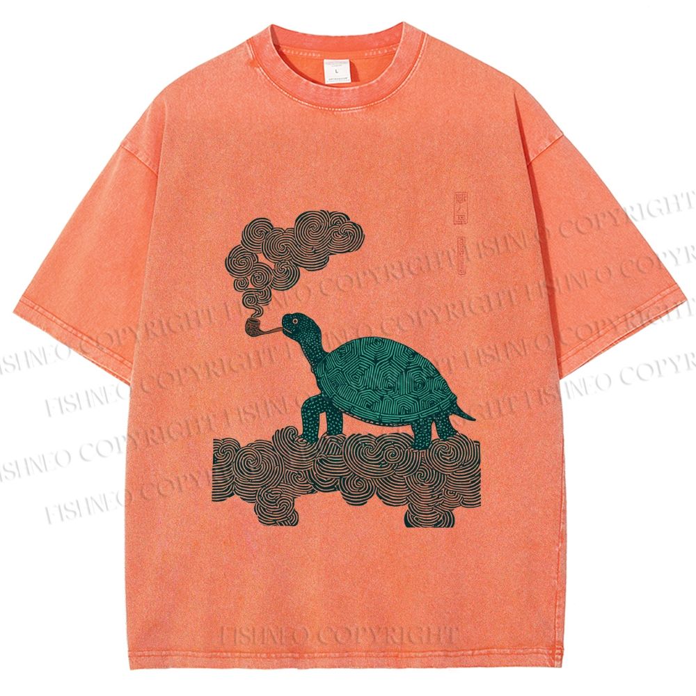 Unisex Vintage Japanese Smoke Turtle Printed Washed Tee