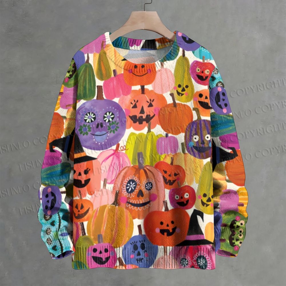 Multicolor Halloween Pumpkins Crew Neck Sweater