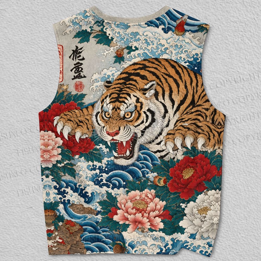 Unisex Japanese Vintage Tiger Ukiyo-e Printed Tank Top