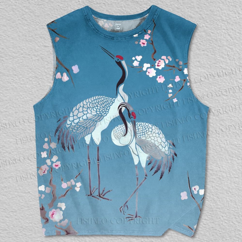 Unisex Vintage Crane in Sakura Printed Tank Top