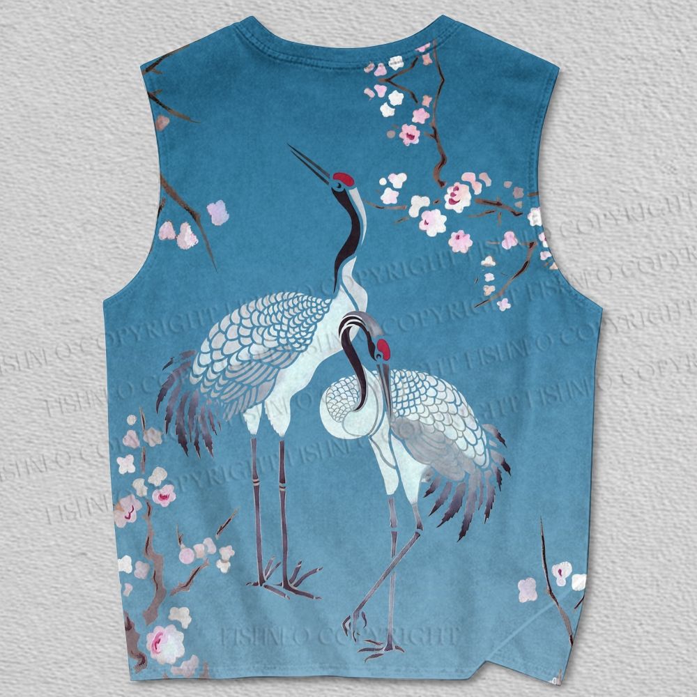 Unisex Vintage Crane in Sakura Printed Tank Top