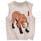 Unisex Ukiyo-e Skull Tiger Printed Washed Tank Top