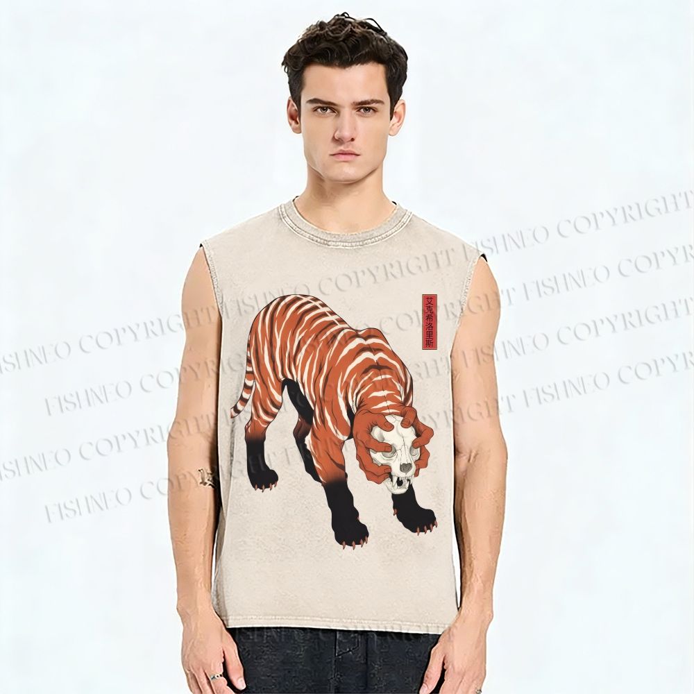 Unisex Ukiyo-e Skull Tiger Printed Washed Tank Top