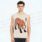 Unisex Ukiyo-e Skull Tiger Printed Washed Tank Top
