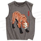 Unisex Ukiyo-e Skull Tiger Printed Washed Tank Top