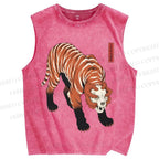 Unisex Ukiyo-e Skull Tiger Printed Washed Tank Top