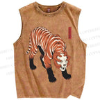 Unisex Ukiyo-e Skull Tiger Printed Washed Tank Top