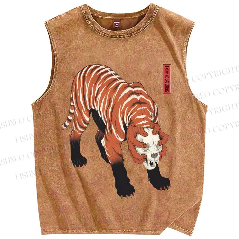 Unisex Ukiyo-e Skull Tiger Printed Washed Tank Top