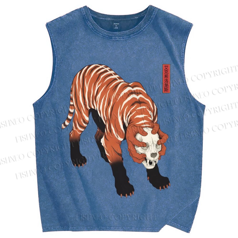 Unisex Ukiyo-e Skull Tiger Printed Washed Tank Top