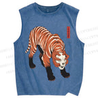 Unisex Ukiyo-e Skull Tiger Printed Washed Tank Top
