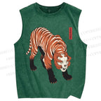 Unisex Ukiyo-e Skull Tiger Printed Washed Tank Top