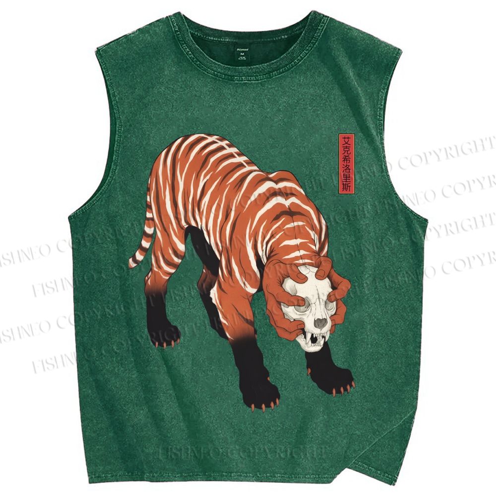 Unisex Ukiyo-e Skull Tiger Printed Washed Tank Top