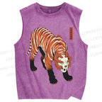 Unisex Ukiyo-e Skull Tiger Printed Washed Tank Top