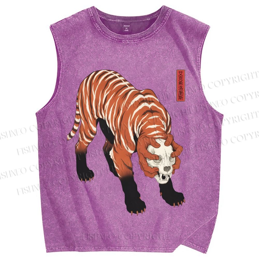 Unisex Ukiyo-e Skull Tiger Printed Washed Tank Top