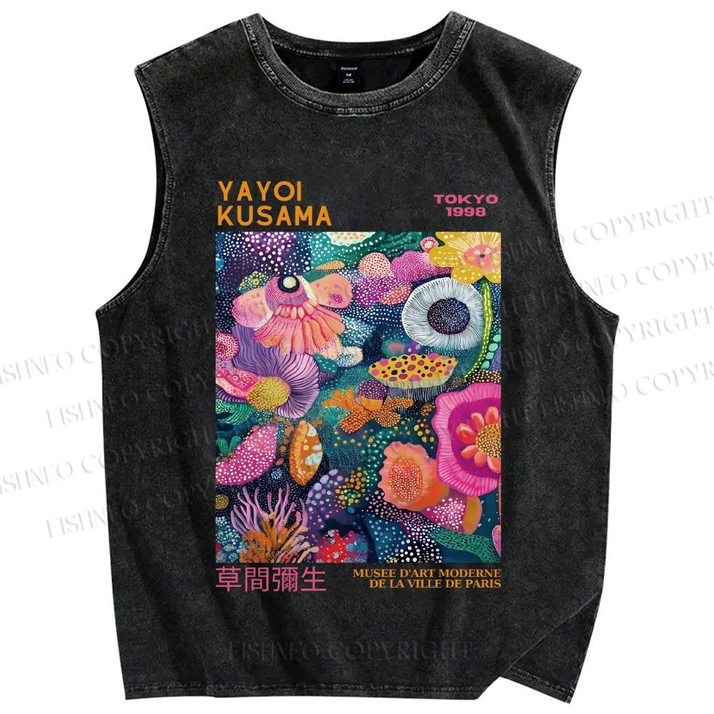 Unisex Yayoi Kusama Multicolor Flowers Printed Washed Tank Top